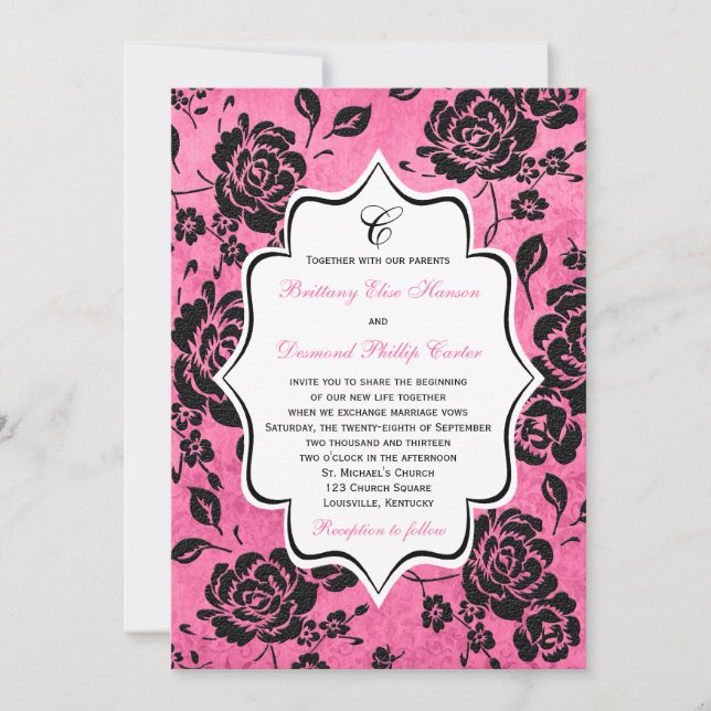 Invitation Mariage damassé Rose Black Blanc Floral (Devant)