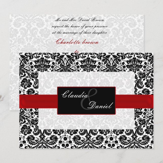 invitation mariage damassé rouge (Devant / Derrière)