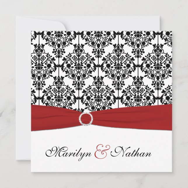 Invitation Mariage damassé rouge, blanche et noire (Devant)