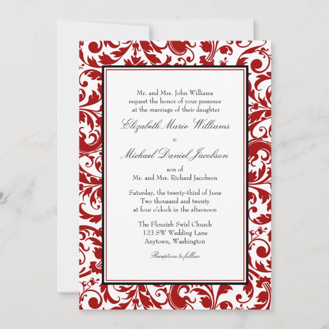Invitation Mariage damassé rouge et noire (Devant)