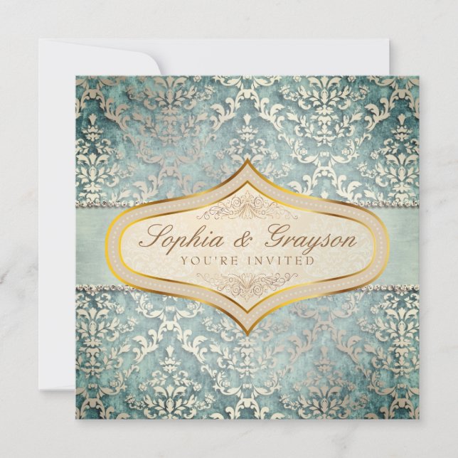 Invitation Mariage damassé Sage Green Glimmer (Devant)