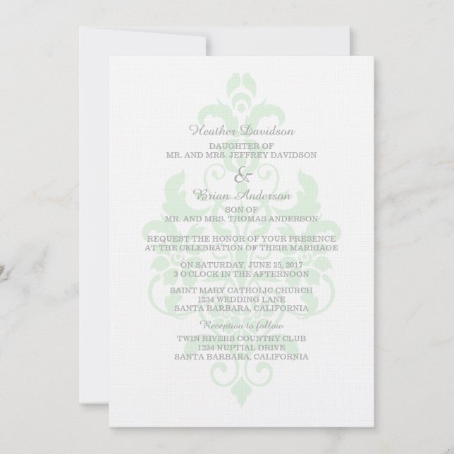 Invitation Mariage damassé subtil et vert à la men (Devant)