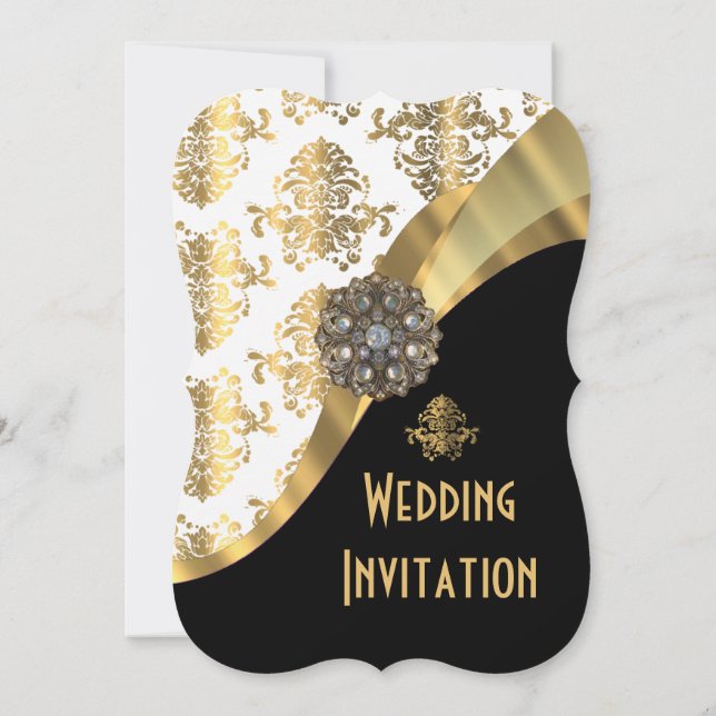 Invitation Mariage damassé traditionnelle blanche noire et or (Dos)