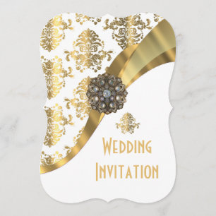 Invitation Mariage damassé traditionnelle en blanc et or