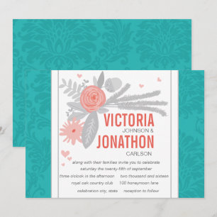 Invitation Mariage damassé Turquoise Turquoise moderne
