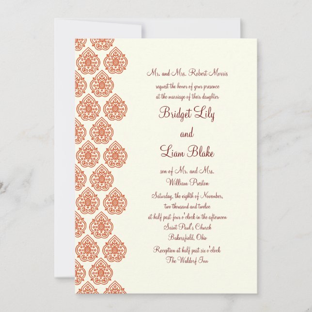 Invitation Mariage damassé Vintage (orange) (Devant)