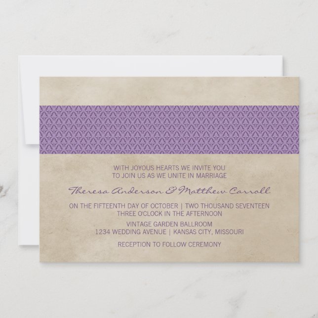 Invitation Mariage damassé violet rustique (Devant)