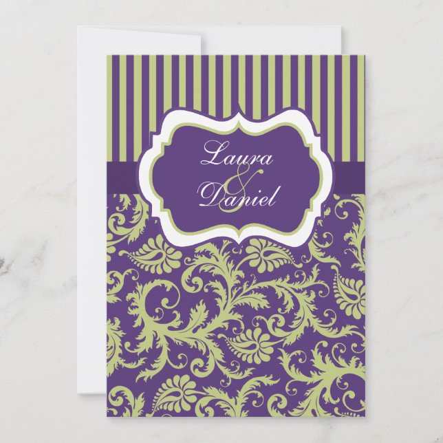 Invitation Mariage damassé violette, verte et blan (Devant)