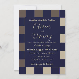 Invitation Mariage Damier Brun Bleu Foncé