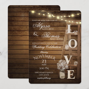 Invitation Mariage d'amour de l'échelle et des lumières rusti