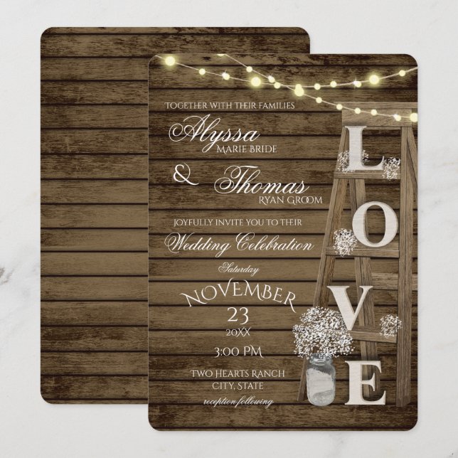 Invitation Mariage d'amour de l'échelle et des lumières rusti (Devant / Derrière)