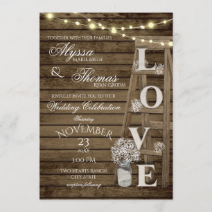 Invitation Mariage d'amour de l'échelle rustique avec détails