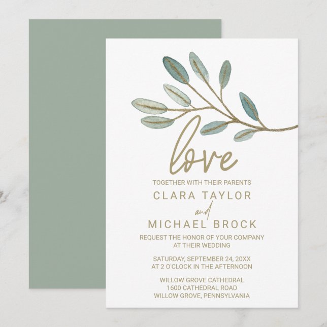Invitation Mariage d'amour de l'Eucalyptus veiné or (Devant / Derrière)