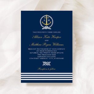 Invitation Mariage d'Ancre bleu et or marine