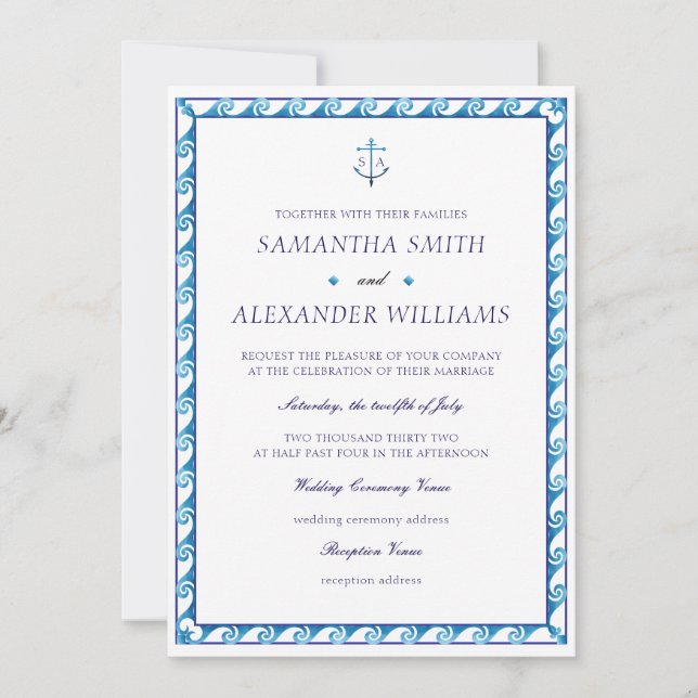 Invitation Mariage d'Ancre de Monogramme blanc bleu marine (Devant)