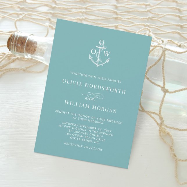 Invitation Mariage d'Ancre de Monogramme bleu Turquoise nauti (Créateur téléchargé)