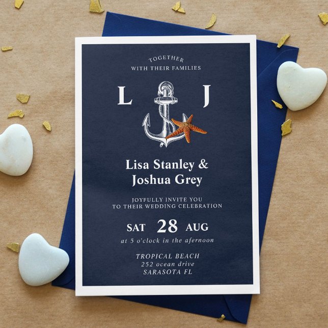 Invitation Mariage d'ancre élégant blanc marine nautique (Créateur téléchargé)