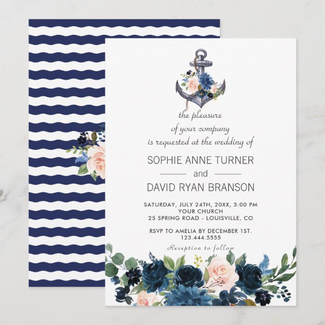 Invitation Mariage d'Ancre floral bleu rose marine (Devant / Derrière)