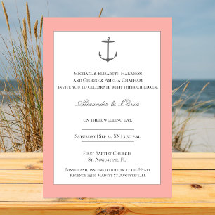 Invitation Mariage d'Ancres nautiques simple Corail