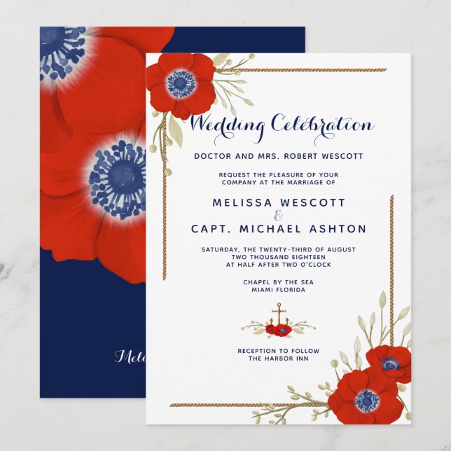 Invitation Mariage d'anémone bleu, blanc et bleu (Devant / Derrière)