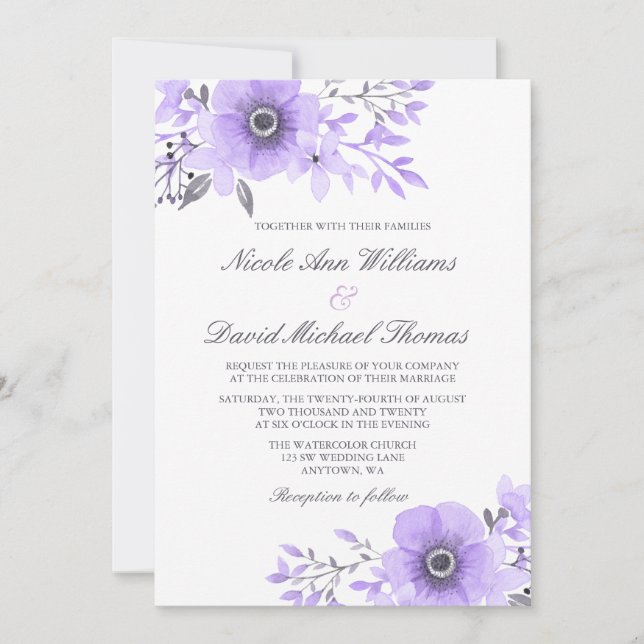 Invitation Mariage d'anémone violet et gris (Devant)