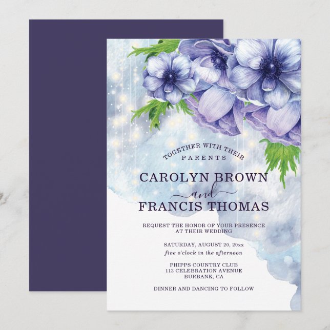 Invitation Mariage d'anémones florales violettes (Devant / Derrière)