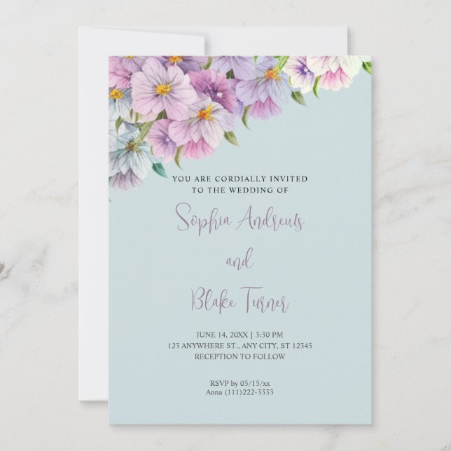 Invitation Mariage dans le jardin bleu Fleur sauvage et viole (Devant)
