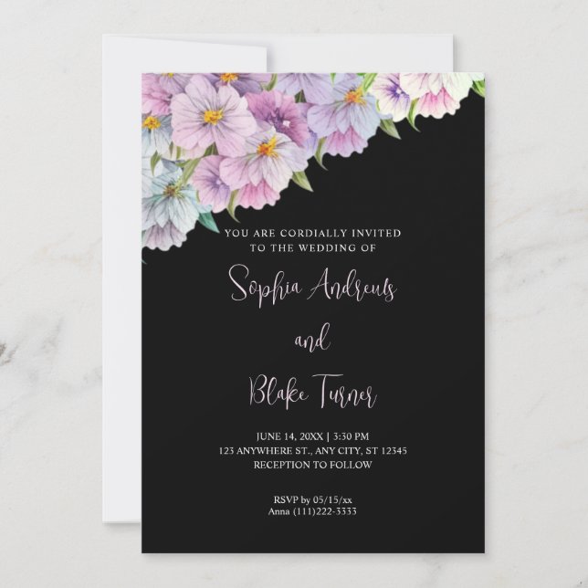Invitation Mariage dans le Jardin Noir Fleur sauvage violet e (Devant)