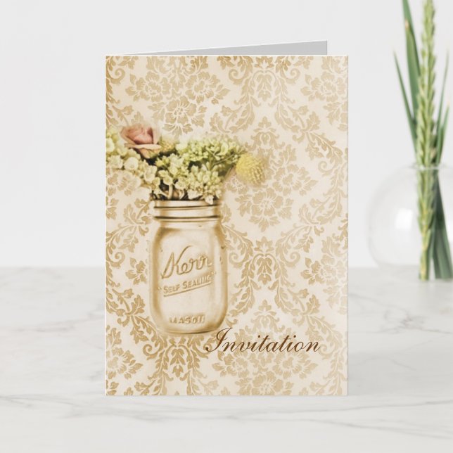 Invitation Mariage dans un pot mason avec damas de champagne  (Devant)
