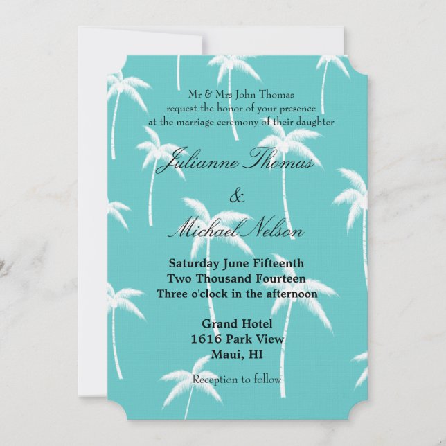 Invitation Mariage d'aqua et de palmiers blancs (Devant)
