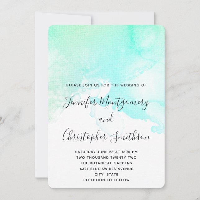 Invitation Mariage d'aquarelle Abstrait vert et bleu (Devant)