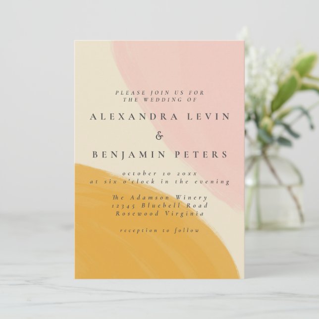 Invitation Mariage d'aquarelle Abstraite rose et orange (Debout devant)