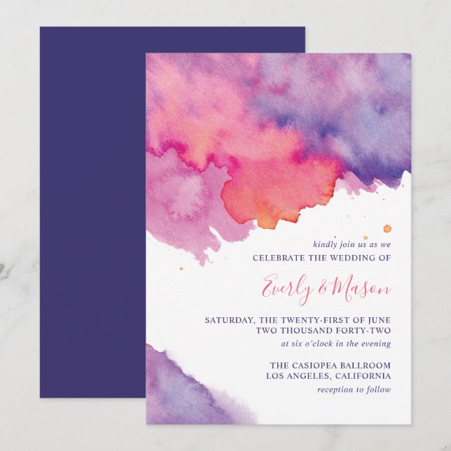 Invitation Mariage d'aquarelle Abstraite rose et violet corai (Devant / Derrière)