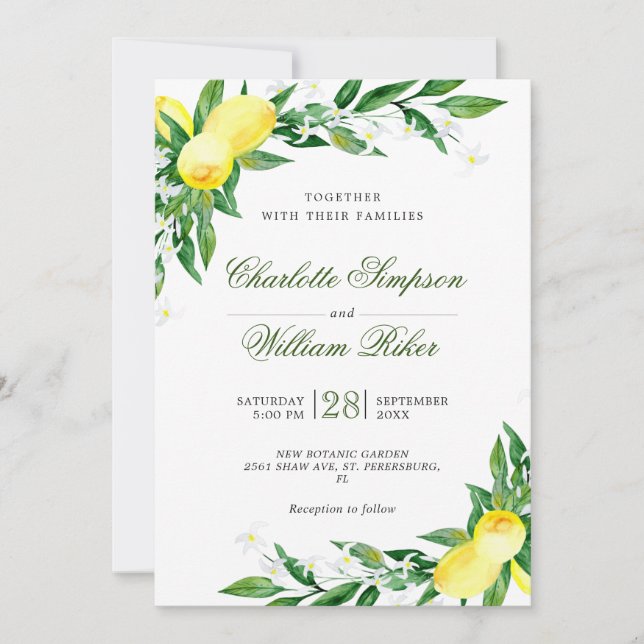 Invitation Mariage d'aquarelle aux citrons fleuris (Devant)