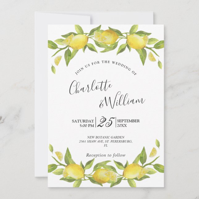 Invitation Mariage d'aquarelle aux citrons fleuris (Devant)