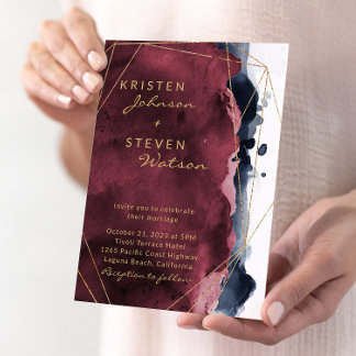 Invitation Mariage d'aquarelle bleu Bourgogne et marine