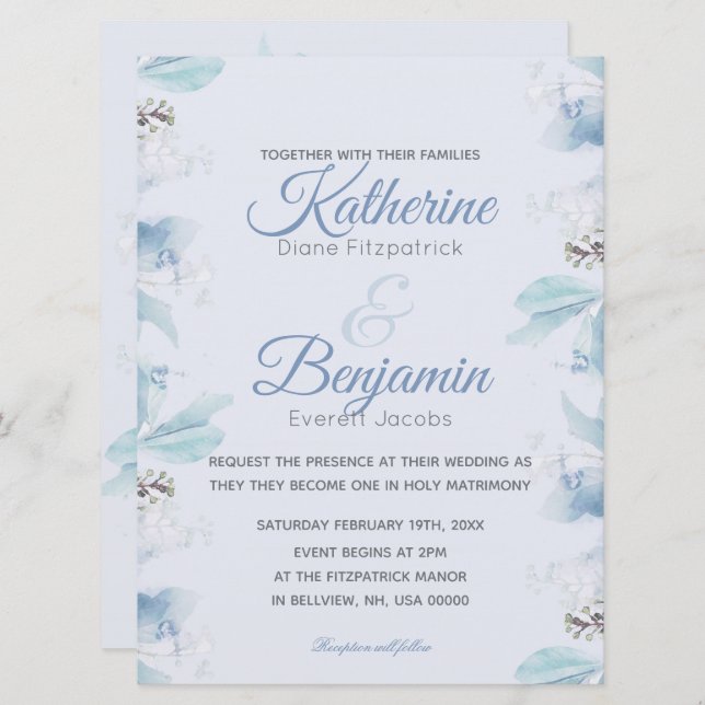 Invitation Mariage d'aquarelle bleu-duché (Devant / Derrière)