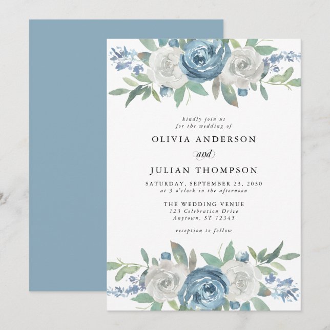 Invitation Mariage d'aquarelle bleu et blanc (Devant / Derrière)