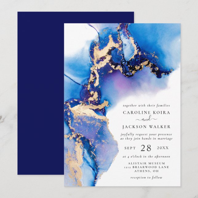 Invitation Mariage d'aquarelle bleu et or (Devant / Derrière)