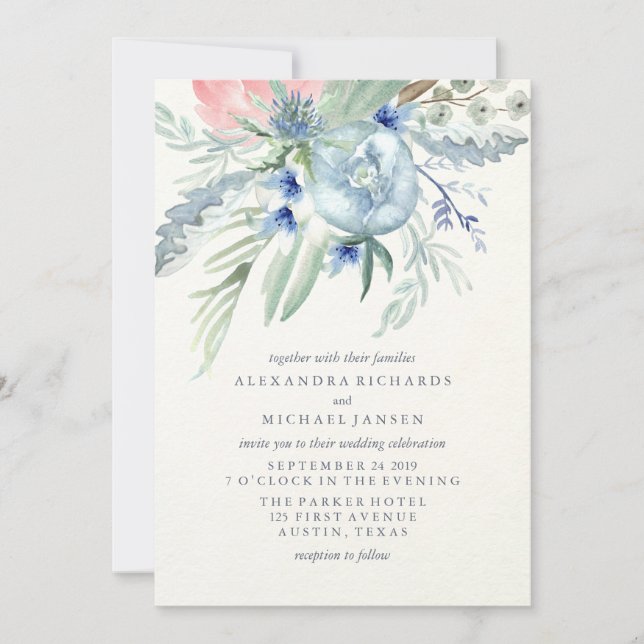 Invitation Mariage d'aquarelle bleu et rose Peony (Devant)