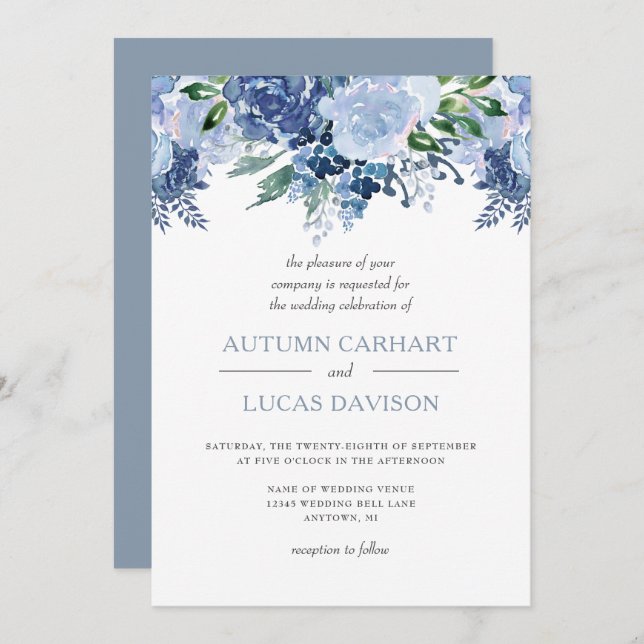 Invitation Mariage d'aquarelle bleu foncé (Devant / Derrière)