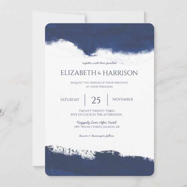 Invitation Mariage d'aquarelle bleu marine simple (Devant)