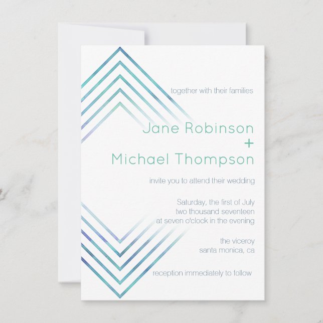 Invitation Mariage d'aquarelle bleu moderne géométrique (Devant)