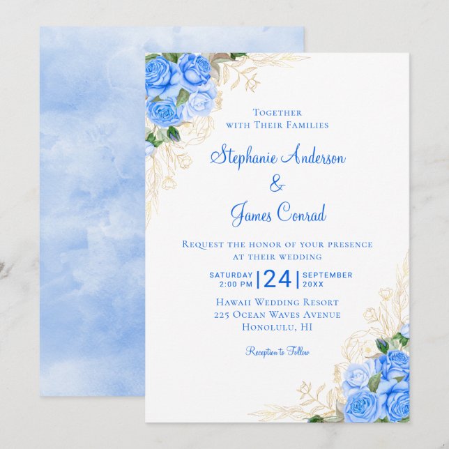 Invitation Mariage d'aquarelle bleu or (Devant / Derrière)