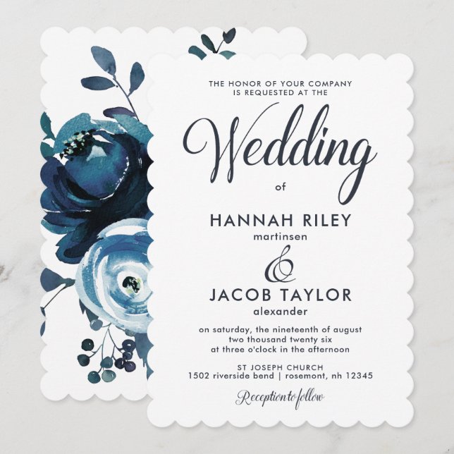 Invitation Mariage d'aquarelle bleu vintage (Devant / Derrière)