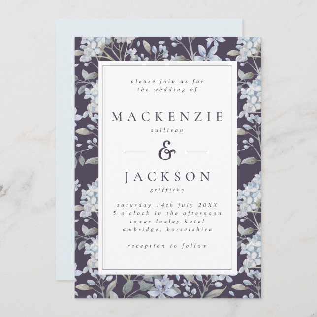 Invitation Mariage d'aquarelle Blue & Navy (Devant / Derrière)