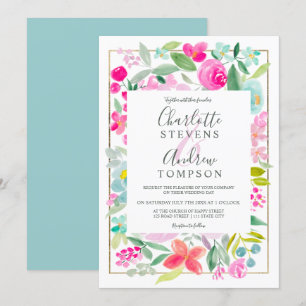 Invitation Mariage d'aquarelle couleur bleu rose