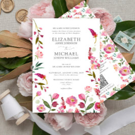 Invitation Mariage d'aquarelle de code QR rose classique