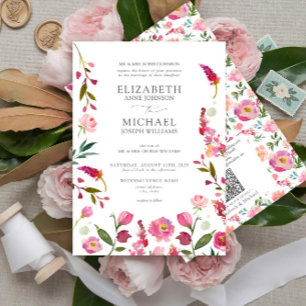Invitation Mariage d'aquarelle de code QR rose classique