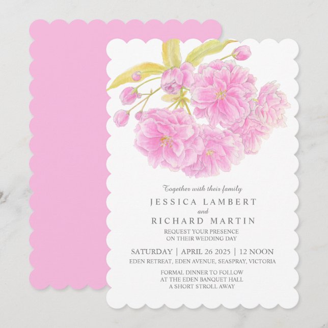 Invitation Mariage d'aquarelle de fleurs de cerisier rose (Devant / Derrière)